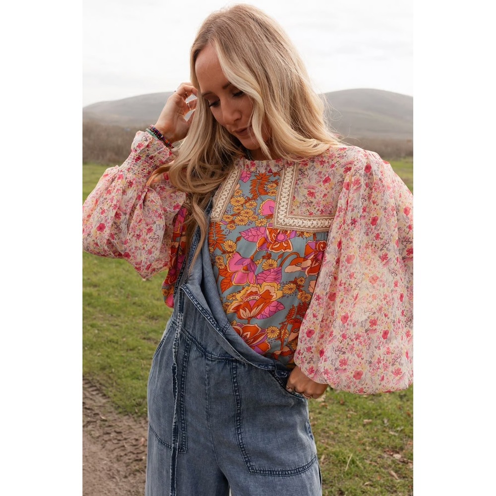 Jodifl Women Floral Patchwork Boho Babydoll Blouse Balloon Sleeve Blue Pink M